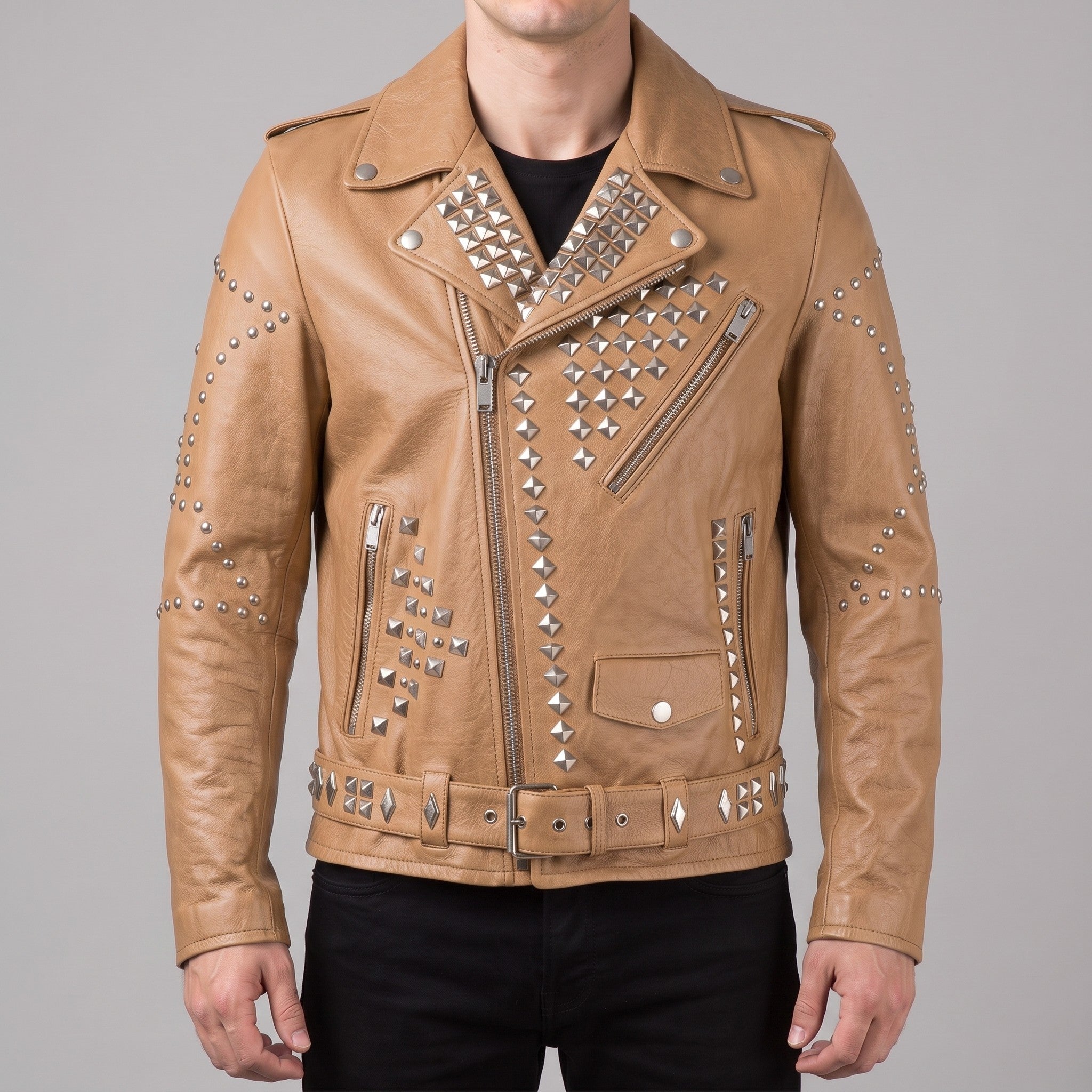 Men's Tan Studded Leather Biker Jacket — Greenshaw