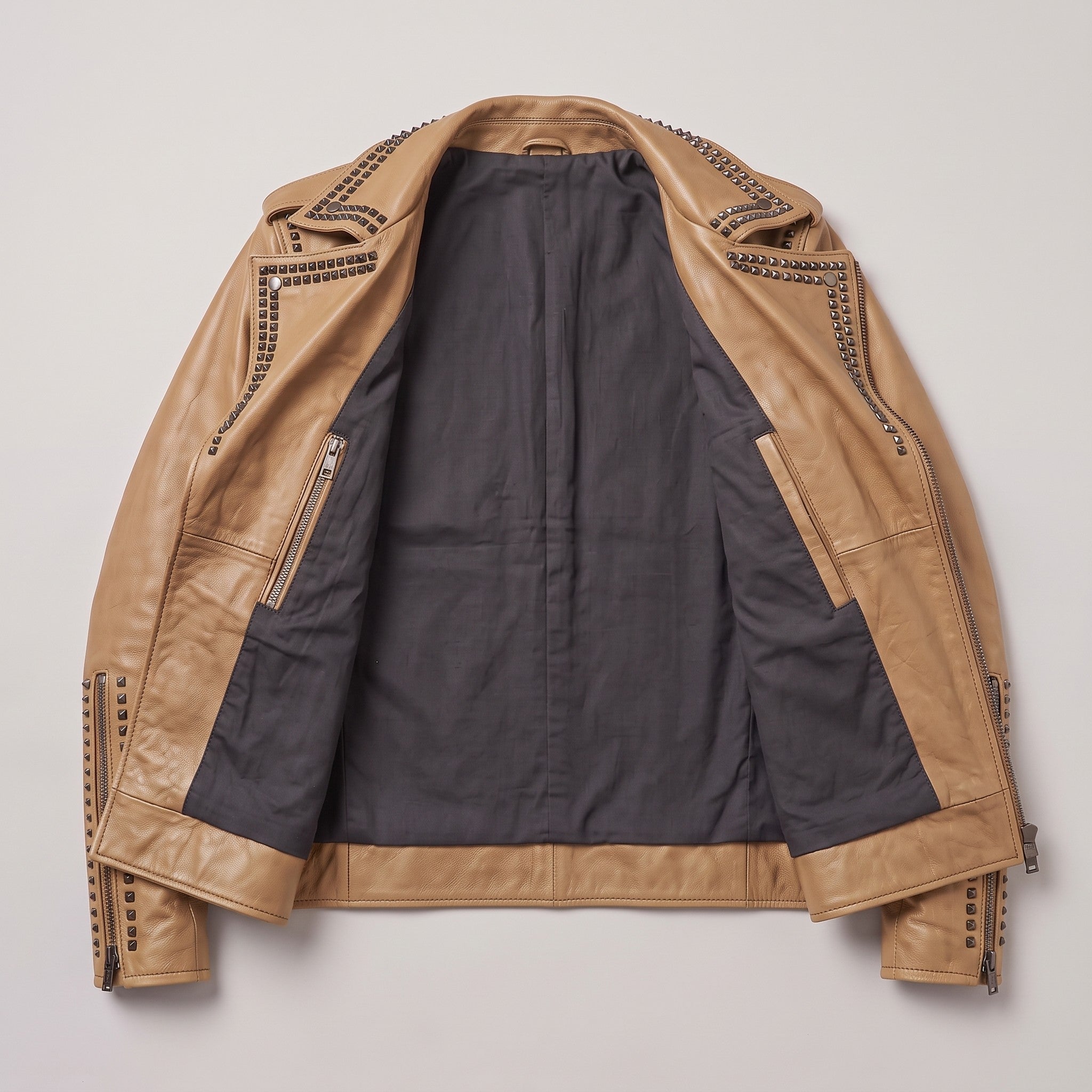 Men's Tan Studded Leather Biker Jacket — Abberthorpe