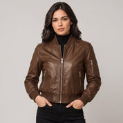 Women's Brown Leather Bomber Jacket — Benthall