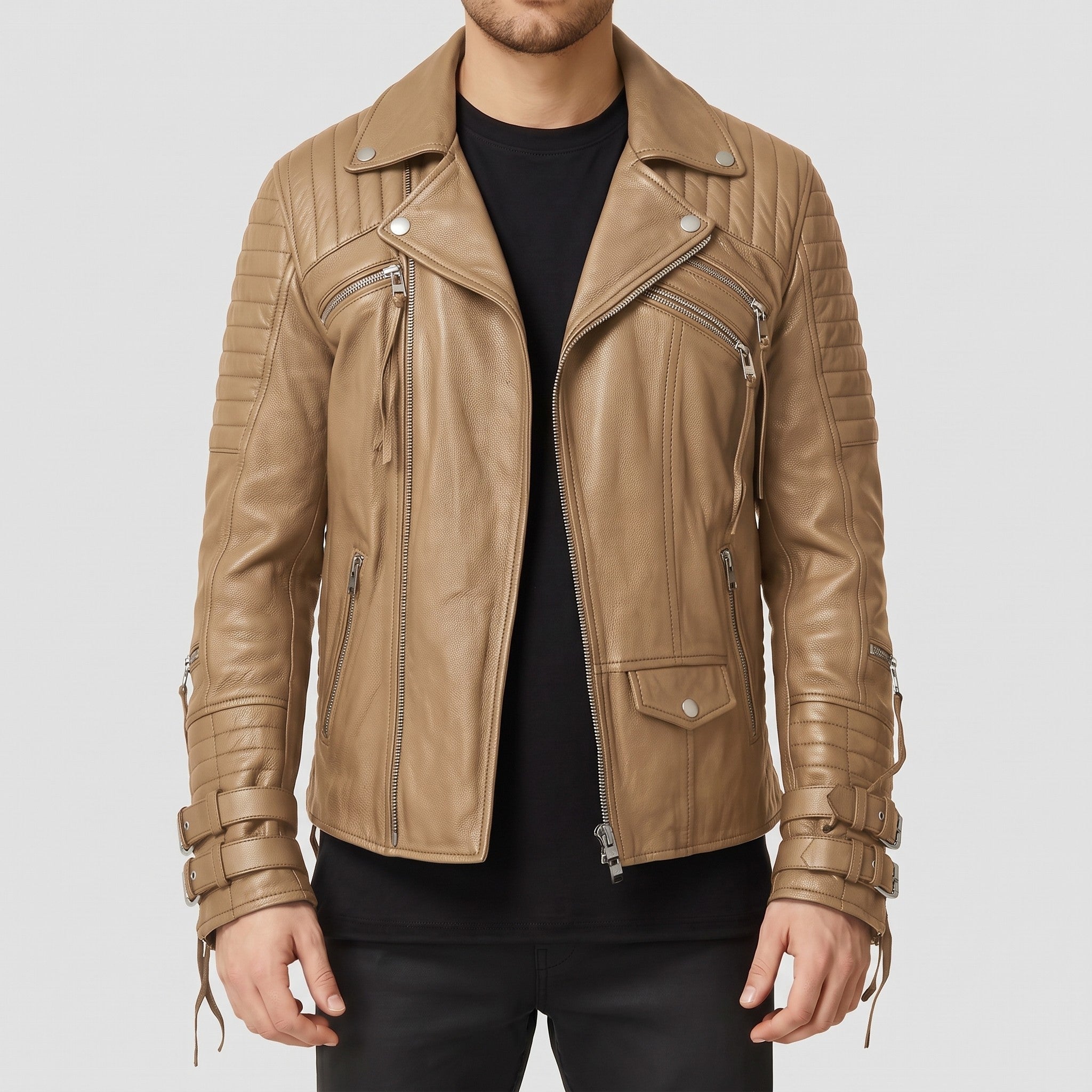 Men's Tan Quilted Leather Perfecto Biker Jacket — Culross