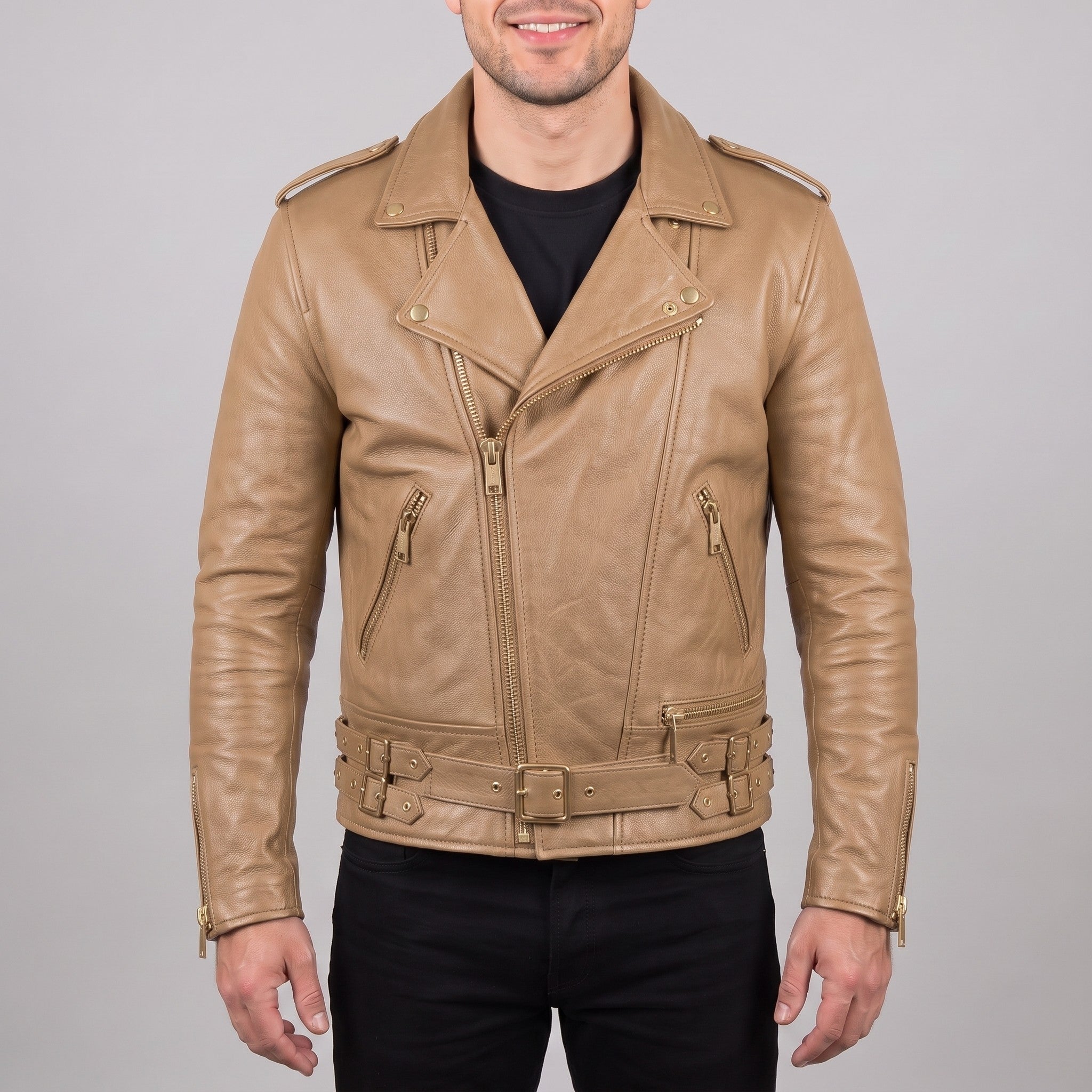 Men's Tan Leather Biker Jacket — Bagnall