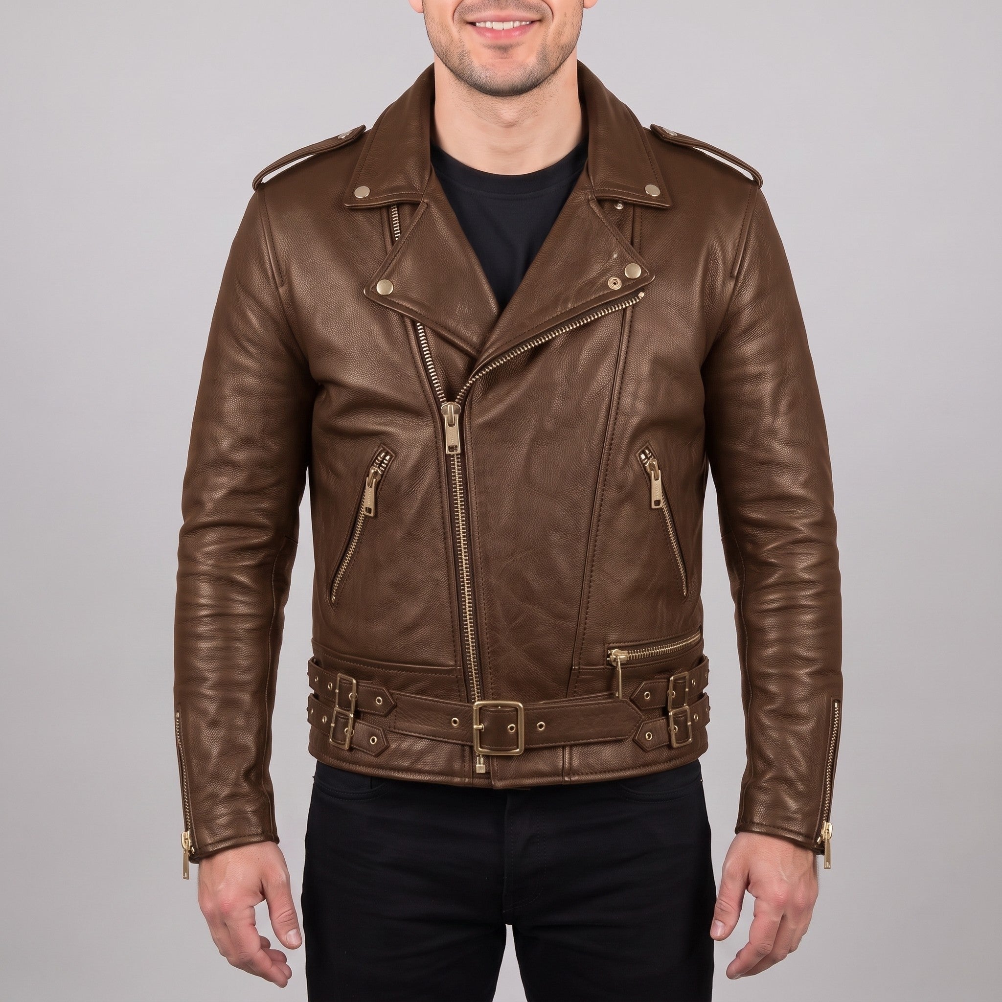 Men's Brown Leather Biker Jacket — Bagnall