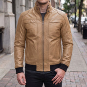 Men's Tan Leather Bomber Jacket — Blake
