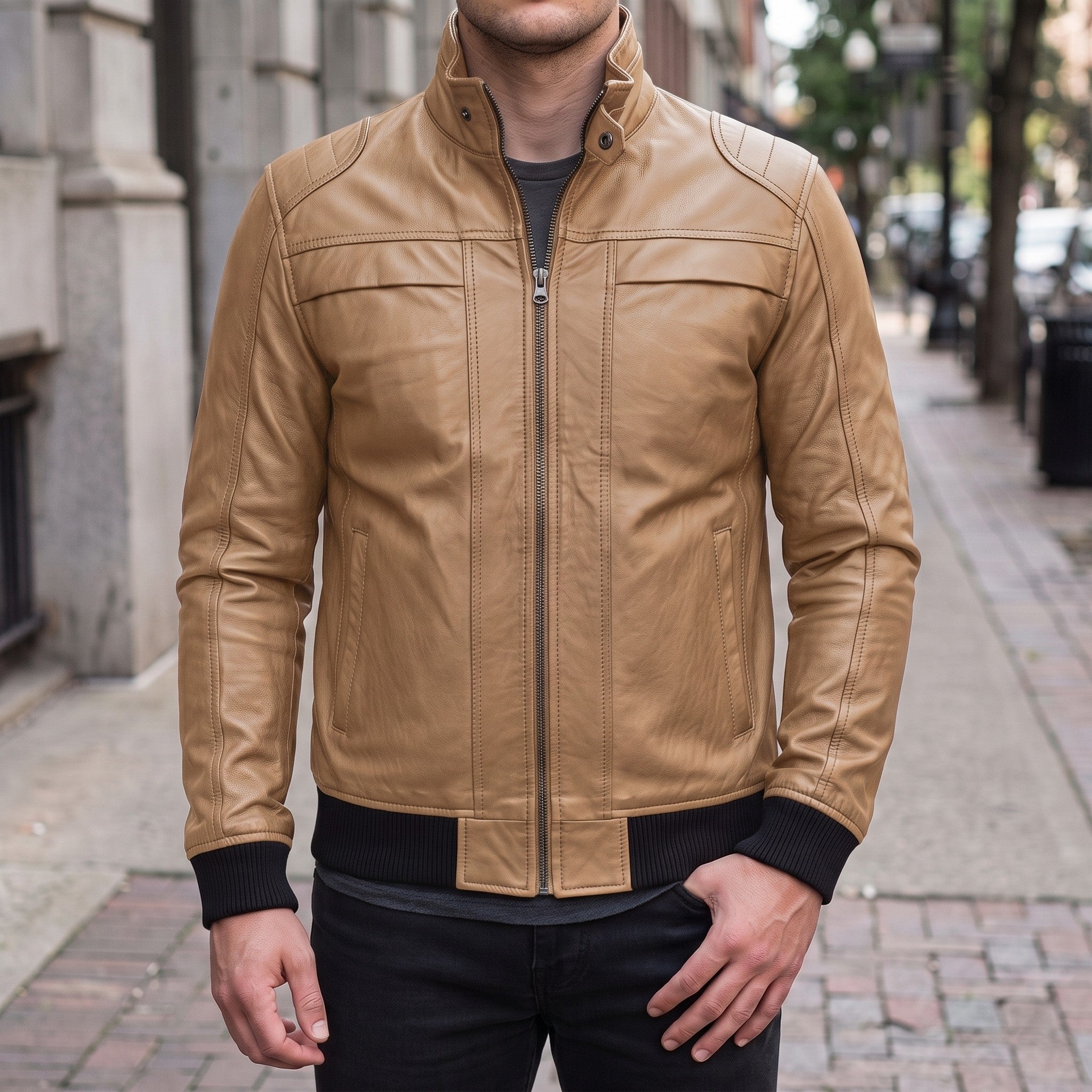 Men's Tan Leather Bomber Jacket — Blake