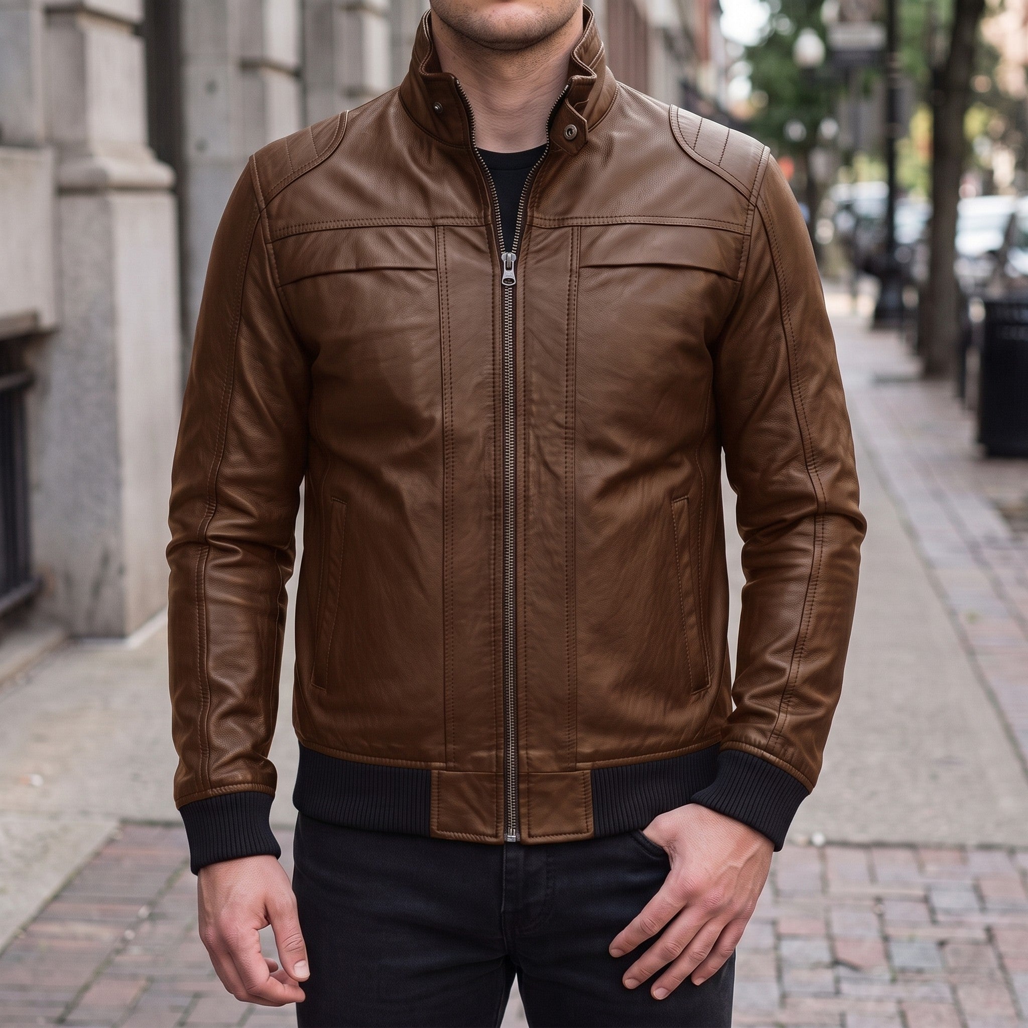 Men's Brown Leather Bomber Jacket — Blake