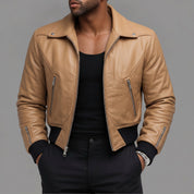 Men's Tan Leather Moto Bomber Jacket — Abberall