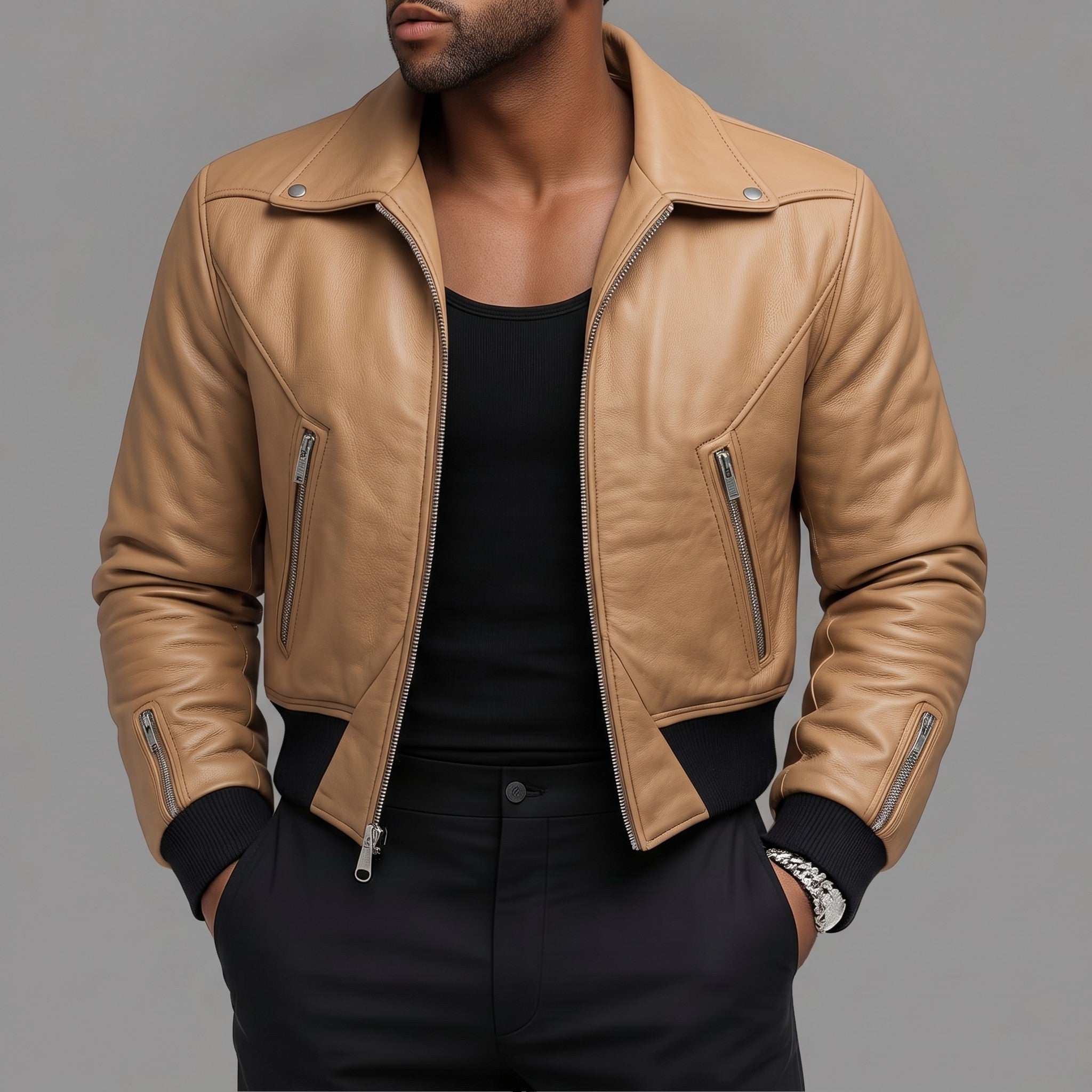 Men's Tan Leather Moto Bomber Jacket — Abberall
