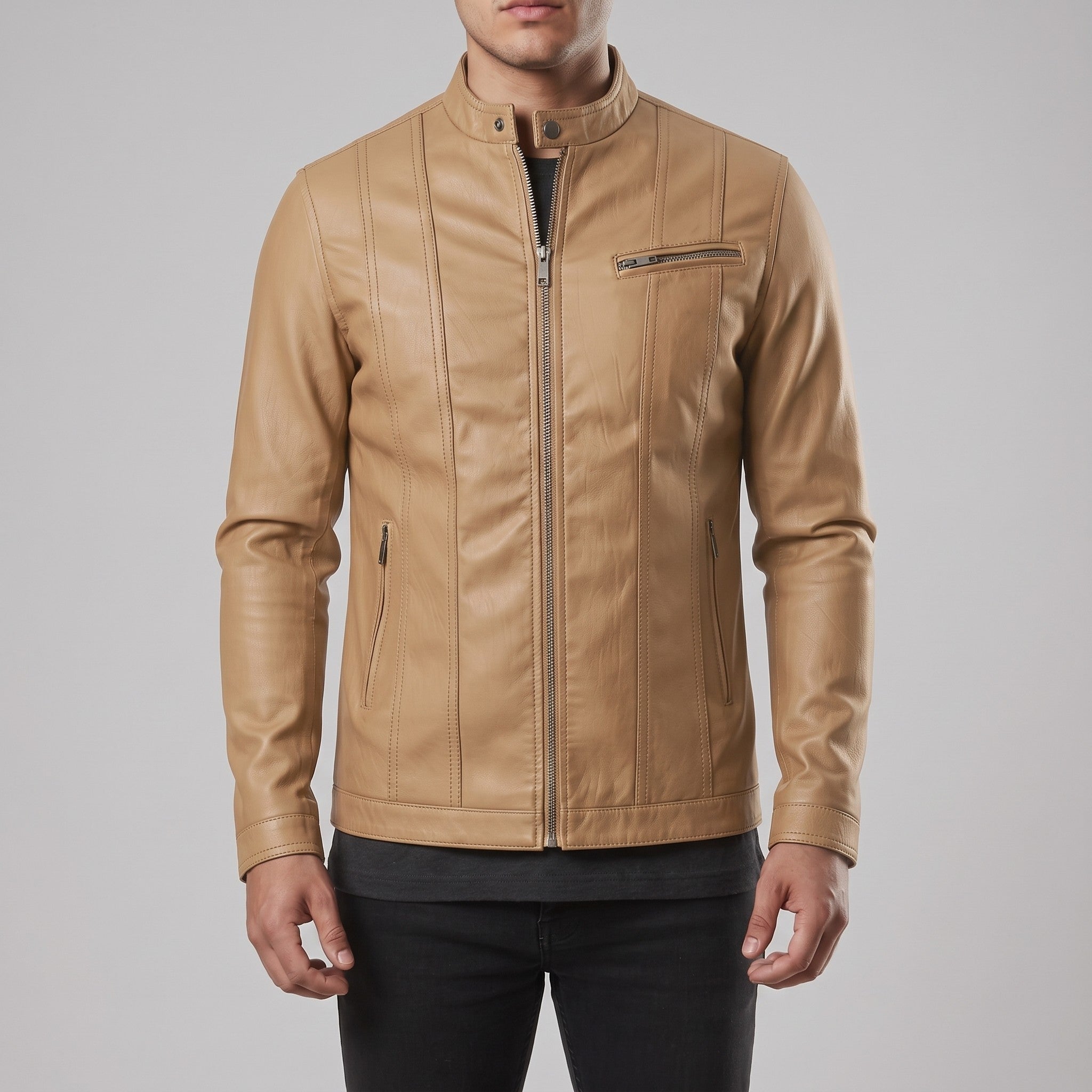 Men's Tan Leather Cafe Racer Jacket — Fenton