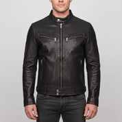Men's Black Leather Cafe Racer Jacket — Irby