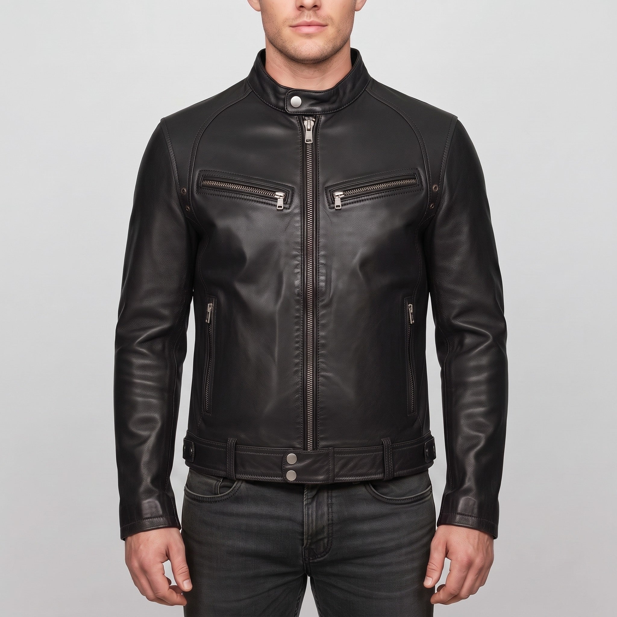 Men's Black Leather Cafe Racer Jacket — Irby