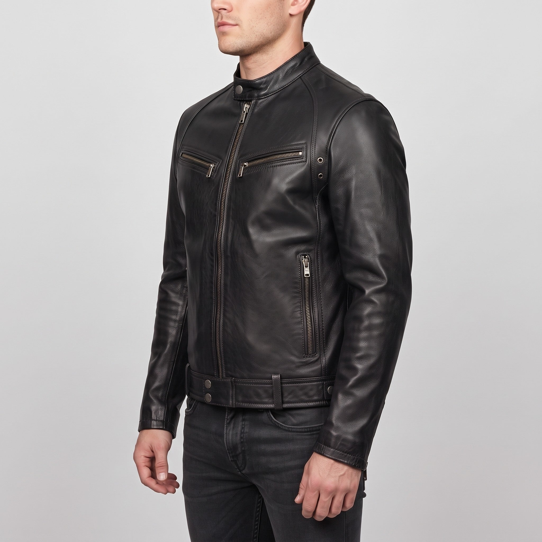 Men's Black Leather Cafe Racer Jacket — Irby