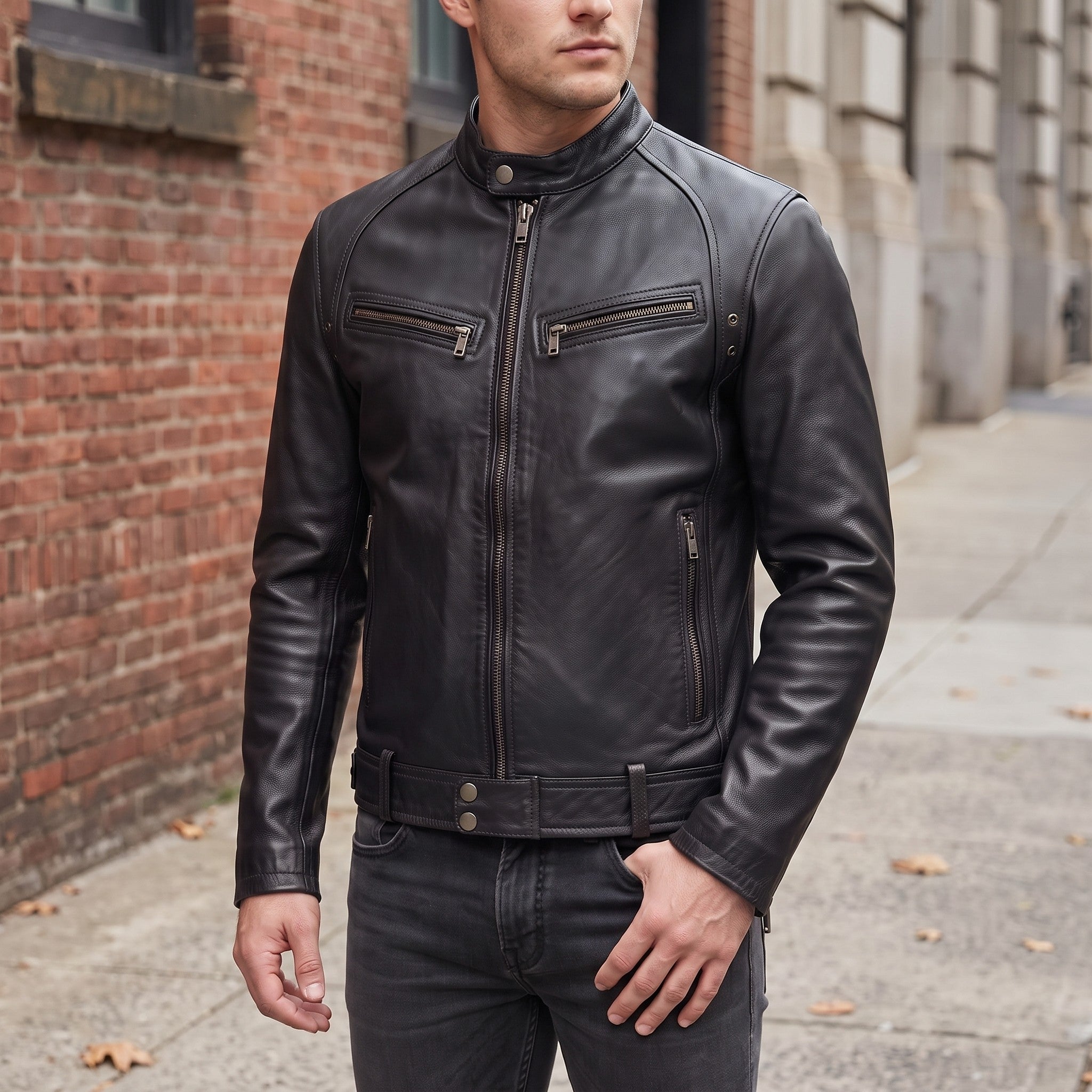 Men's Black Leather Cafe Racer Jacket — Irby