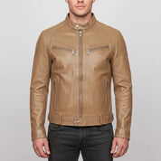 Men's Tan Leather Cafe Racer Jacket — Irby