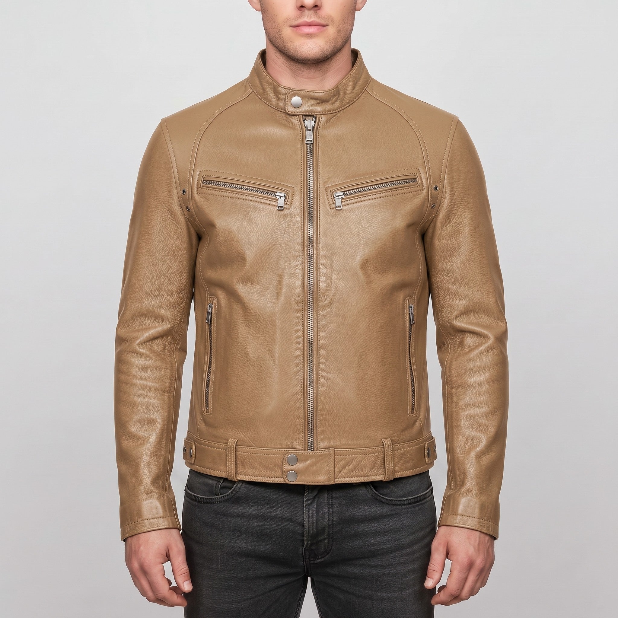 Men's Tan Leather Cafe Racer Jacket — Irby