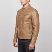 Men's Tan Leather Cafe Racer Jacket — Irby