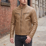 Men's Tan Leather Cafe Racer Jacket — Irby
