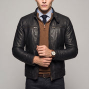 Men's Black Leather Biker Jacket — Stamford