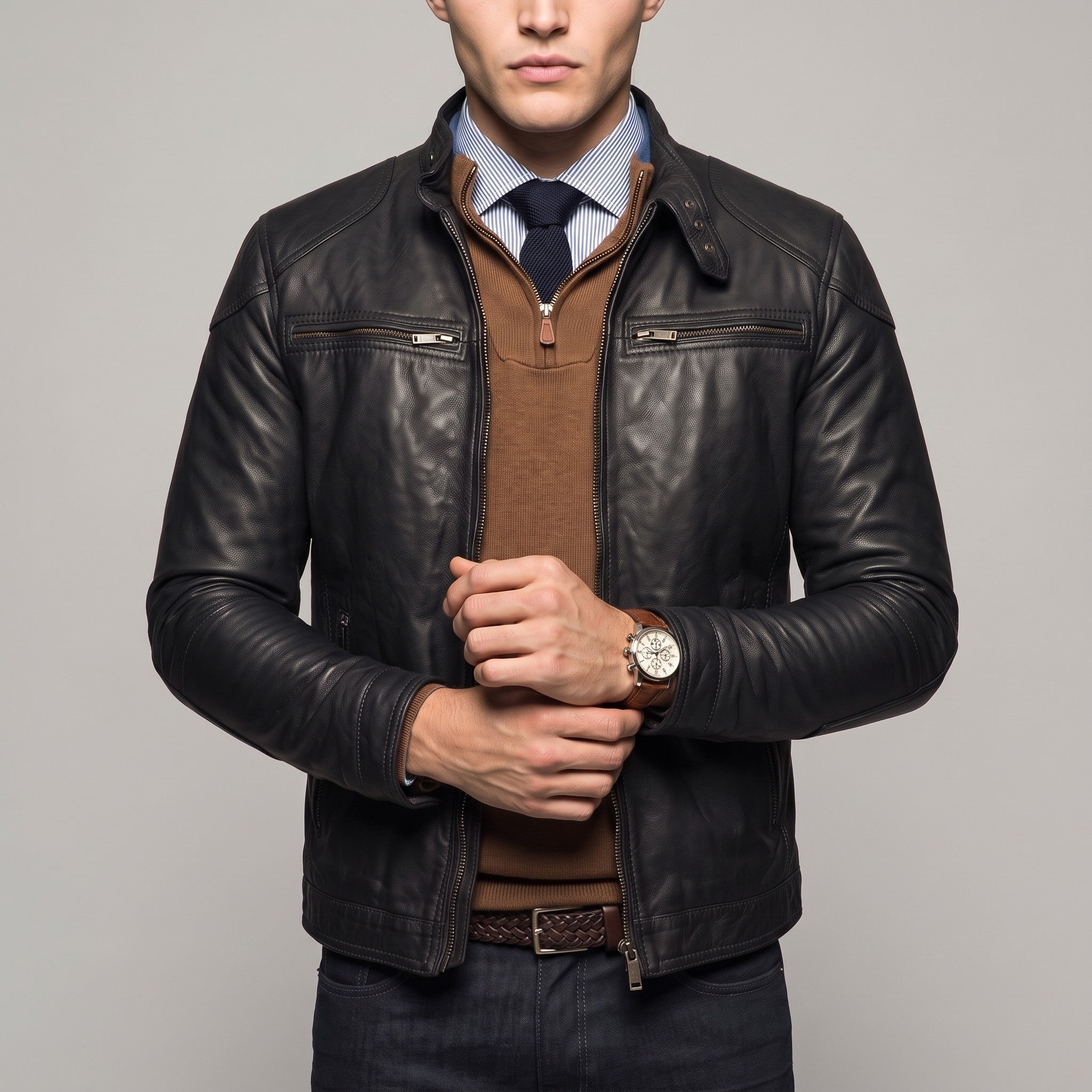 Men's Black Leather Biker Jacket — Stamford