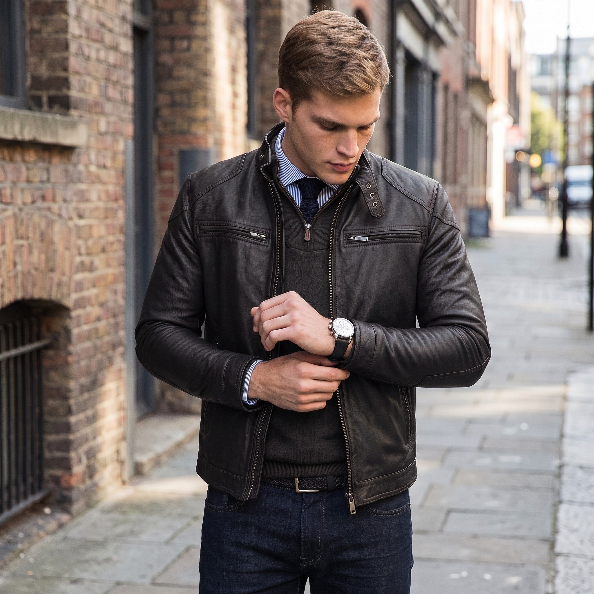 Men's Black Leather Biker Jacket — Stamford