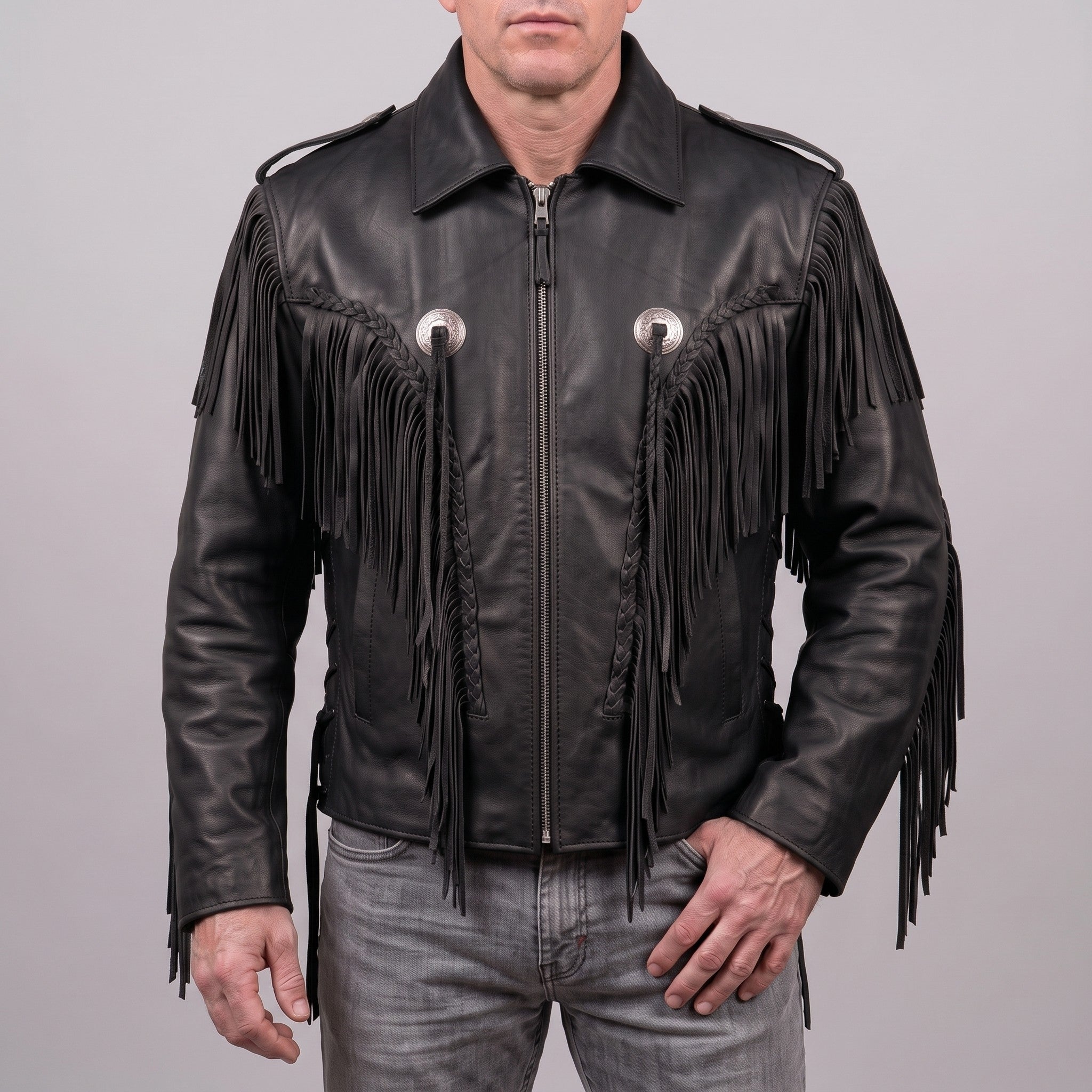 Men's Black Western Fringe Leather Biker Jacket — Gloucester