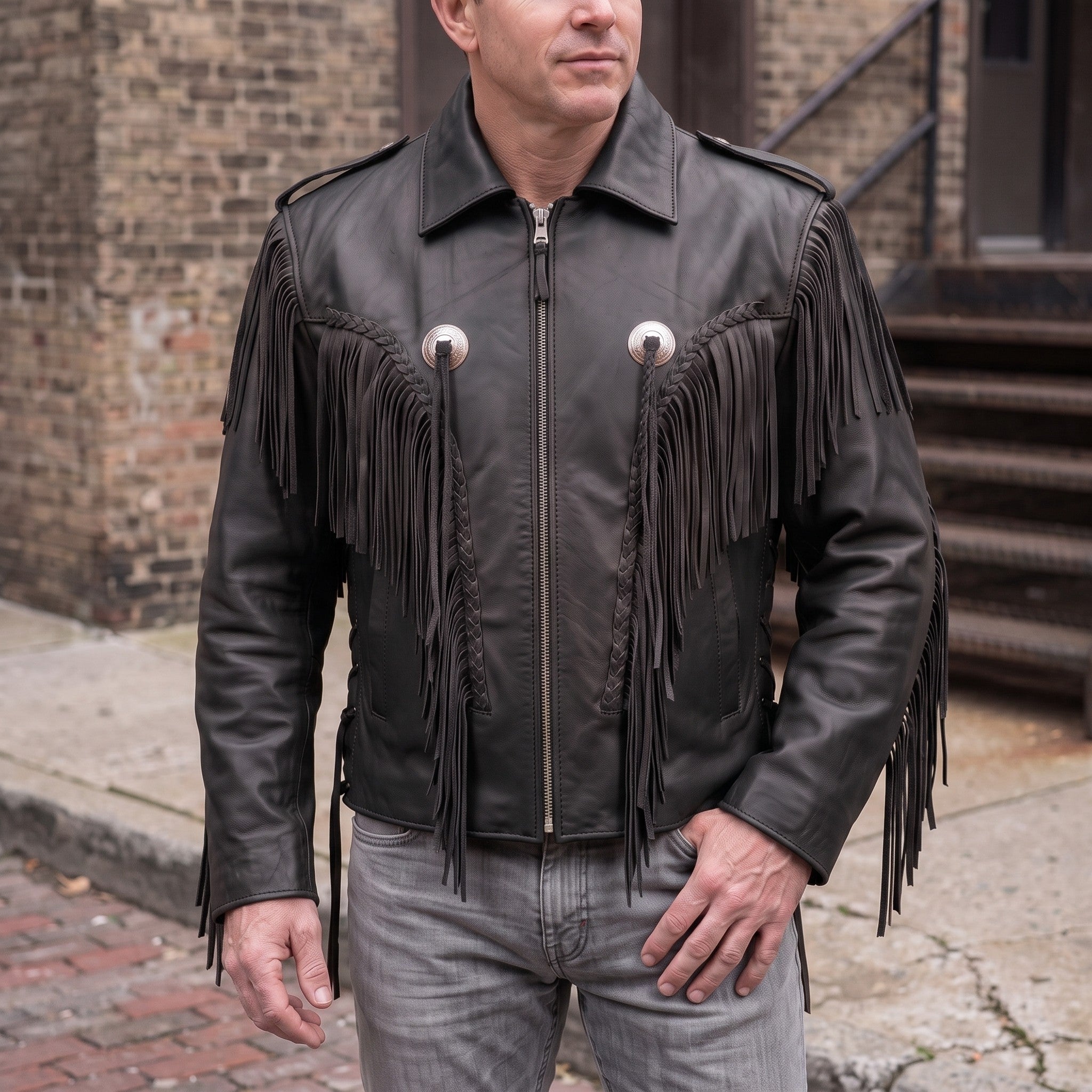 Men's Black Western Fringe Leather Biker Jacket — Gloucester
