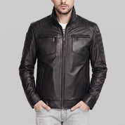 Men's Black Leather Cafe Racer Jacket — Donham