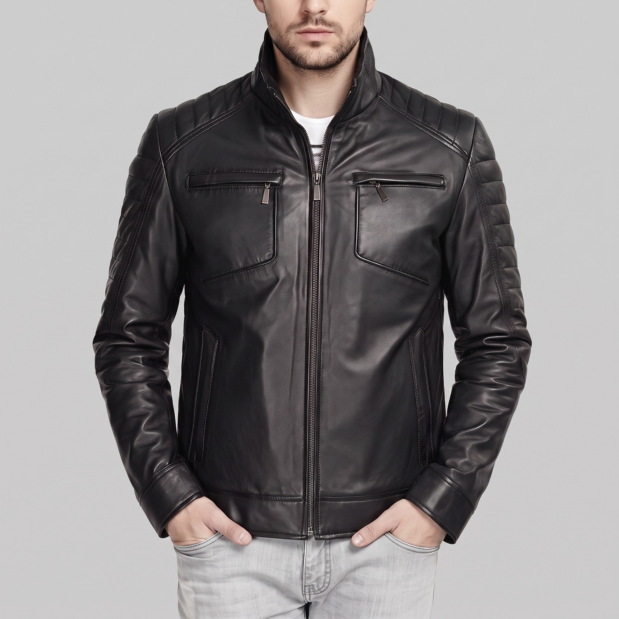 Men's Black Leather Cafe Racer Jacket — Donham