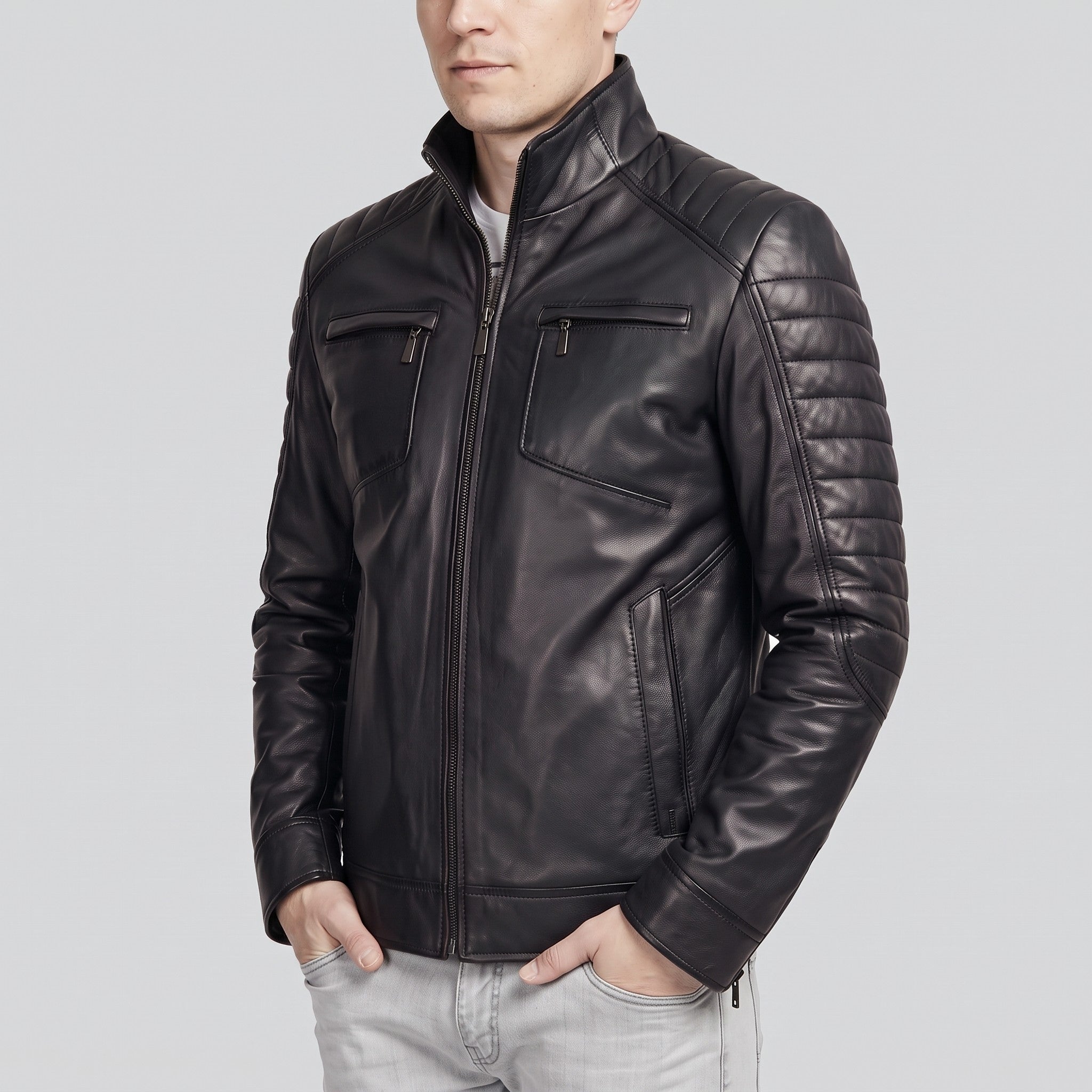 Men's Black Leather Cafe Racer Jacket — Donham
