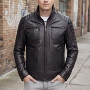 Men's Black Leather Cafe Racer Jacket — Donham