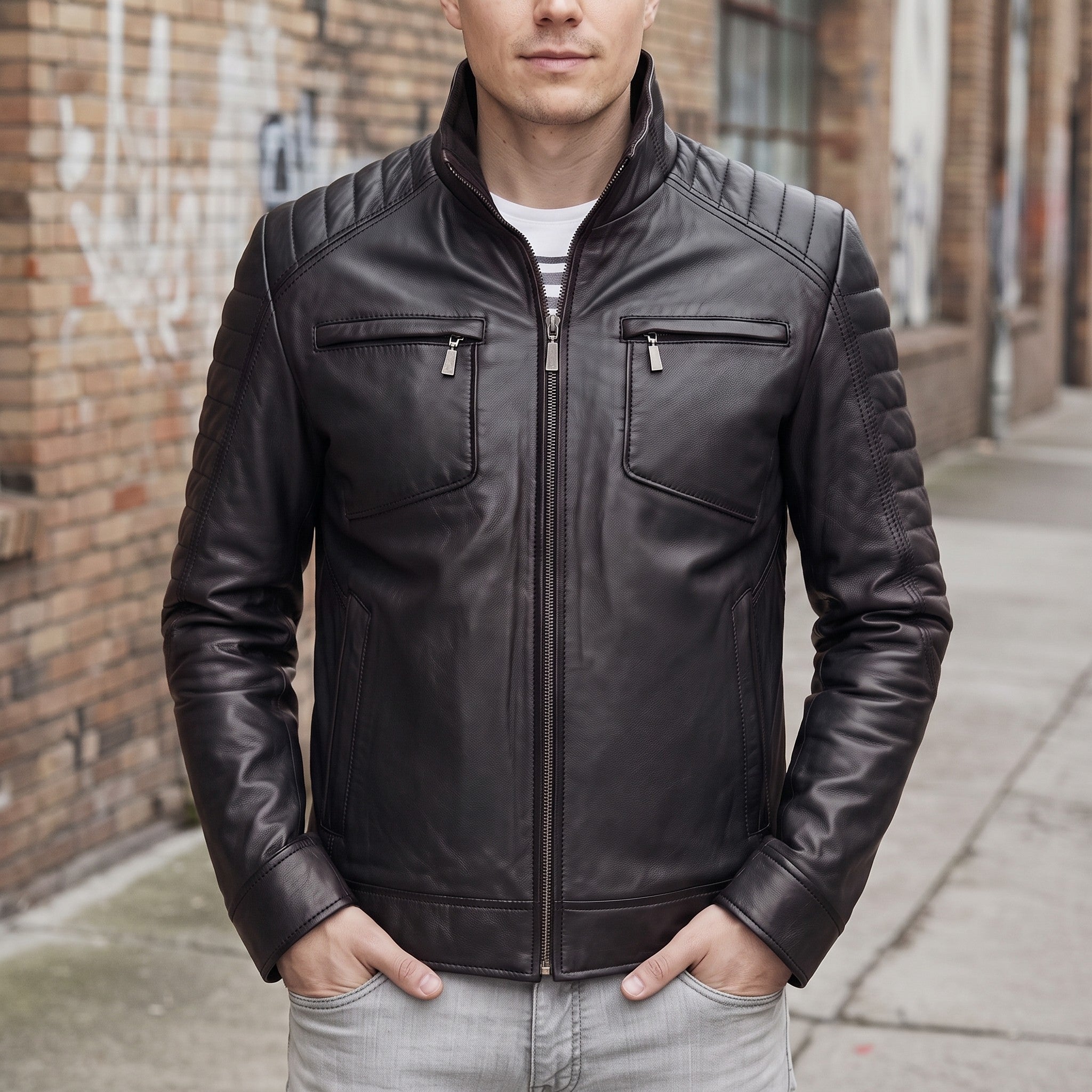 Men's Black Leather Cafe Racer Jacket — Donham
