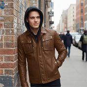Men's Brown Hooded Leather Biker Jacket — Upton