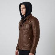 Men's Brown Hooded Leather Biker Jacket — Upton