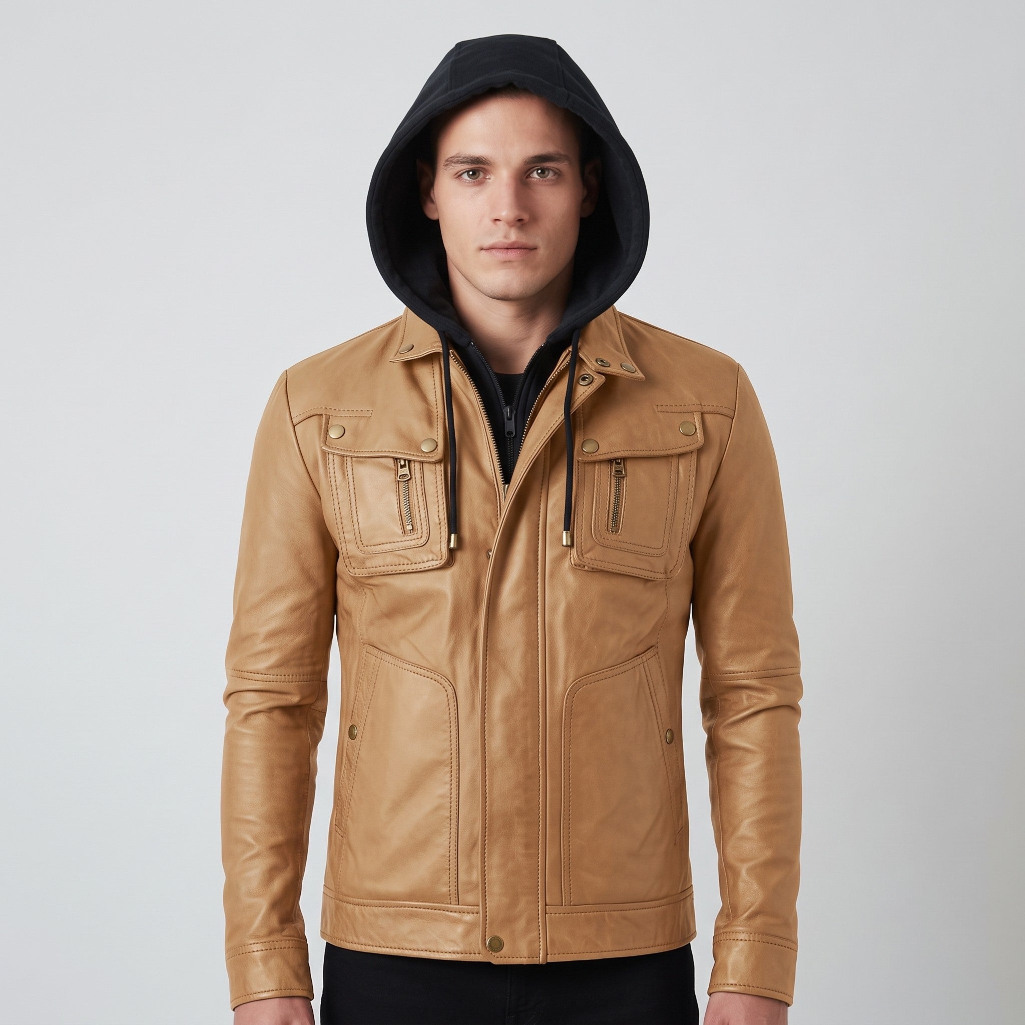 Men's Tan Hooded Leather Biker Jacket — Upton