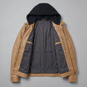 Men's Tan Hooded Leather Biker Jacket — Upton