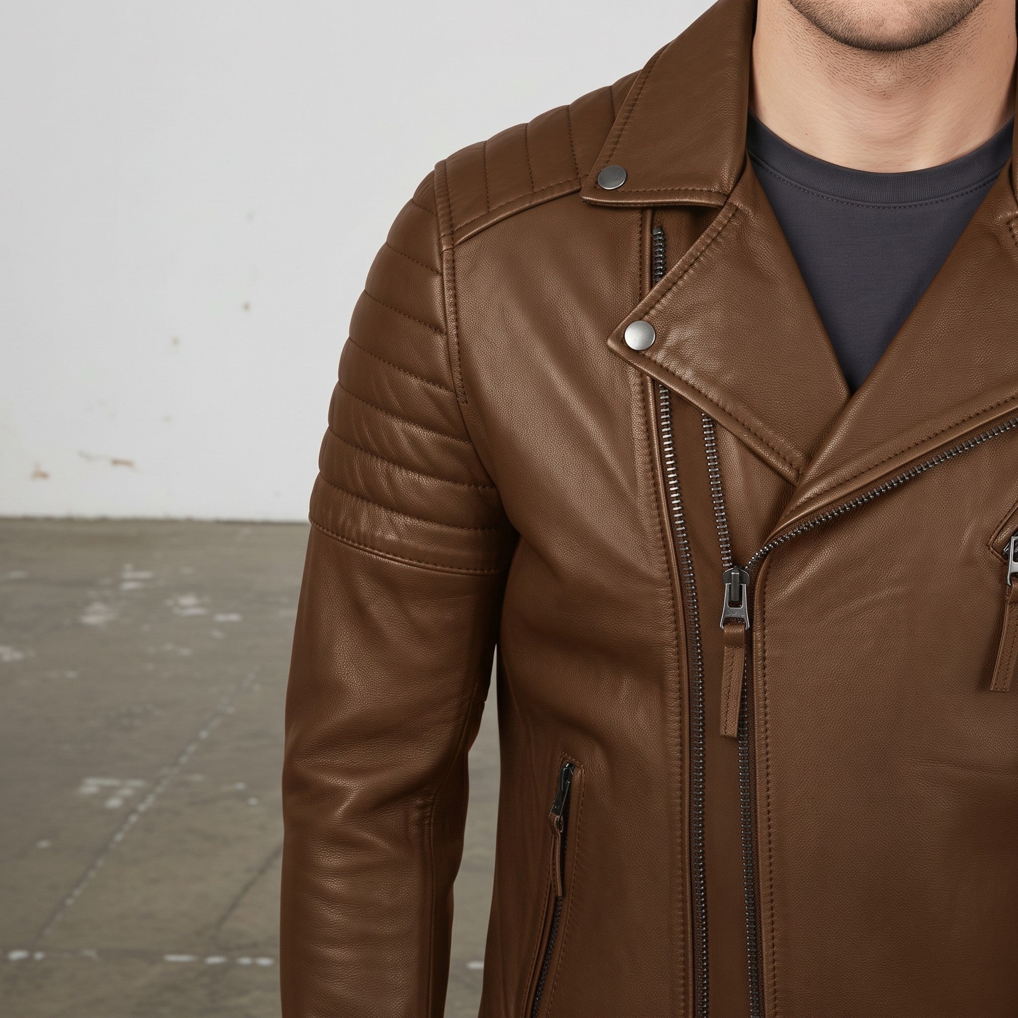 Men's Brown Quilted Leather Biker Jacket — Bevington