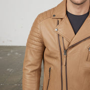 Men's Tan Quilted Leather Biker Jacket — Bevington