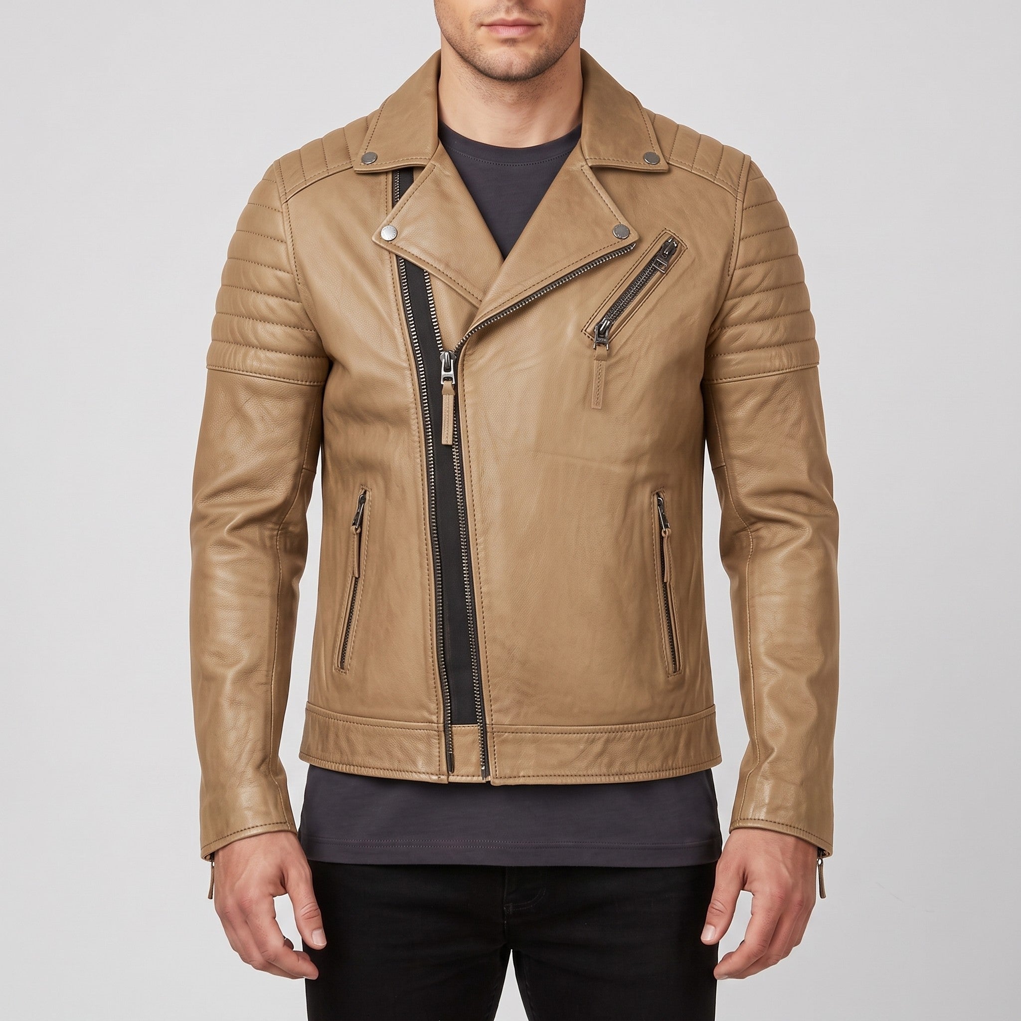 Men's Tan Quilted Leather Biker Jacket — Bevington