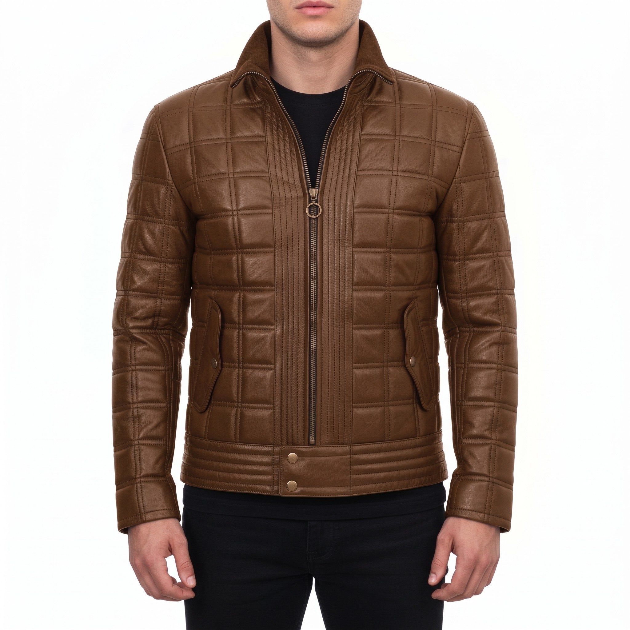 Men's Brown Quilted Leather Biker Jacket — Blayney