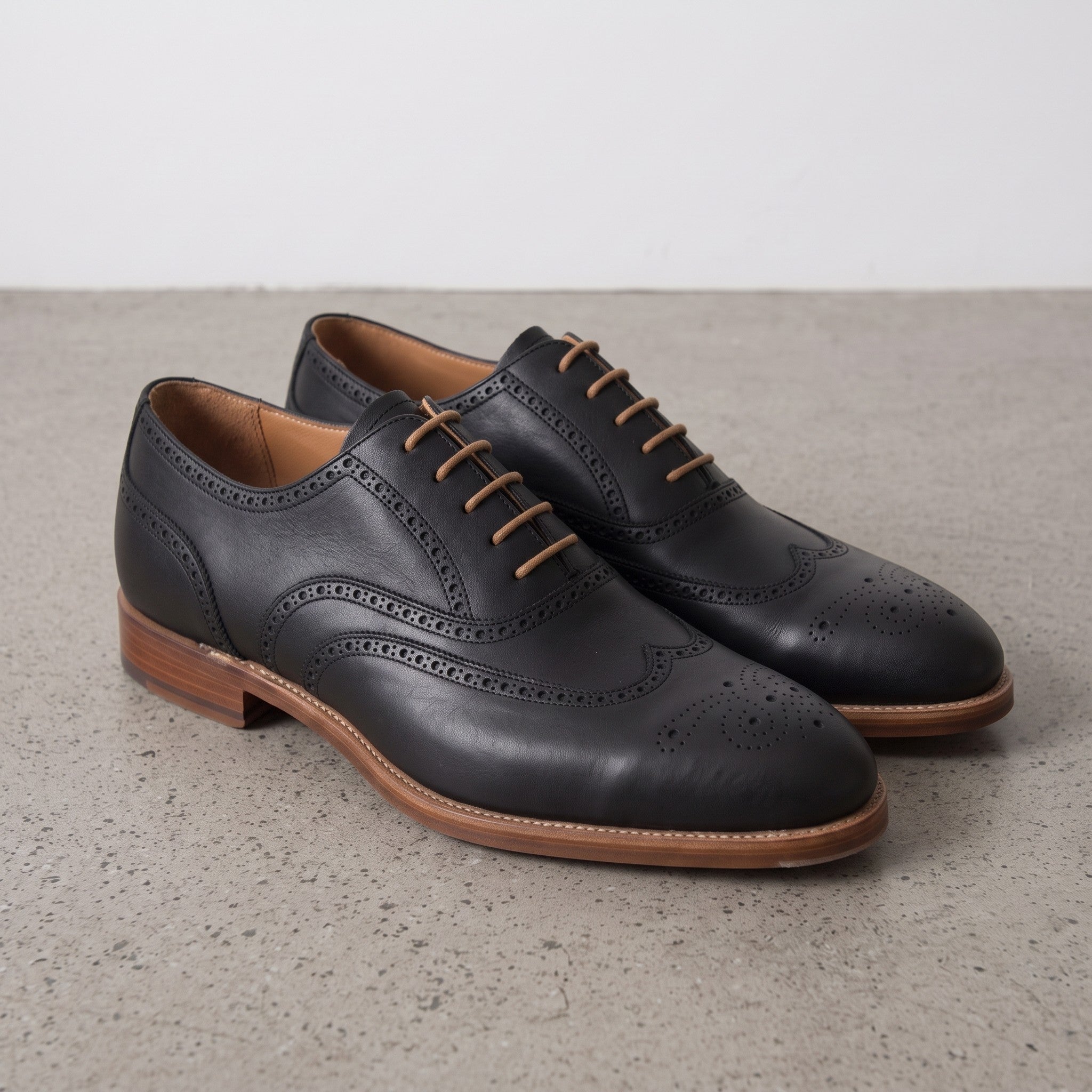 Men's Black Wingtip Leather Brogue Oxfords — Chard