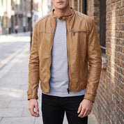 Men's Tan Leather Cafe Racer Jacket — Amwell