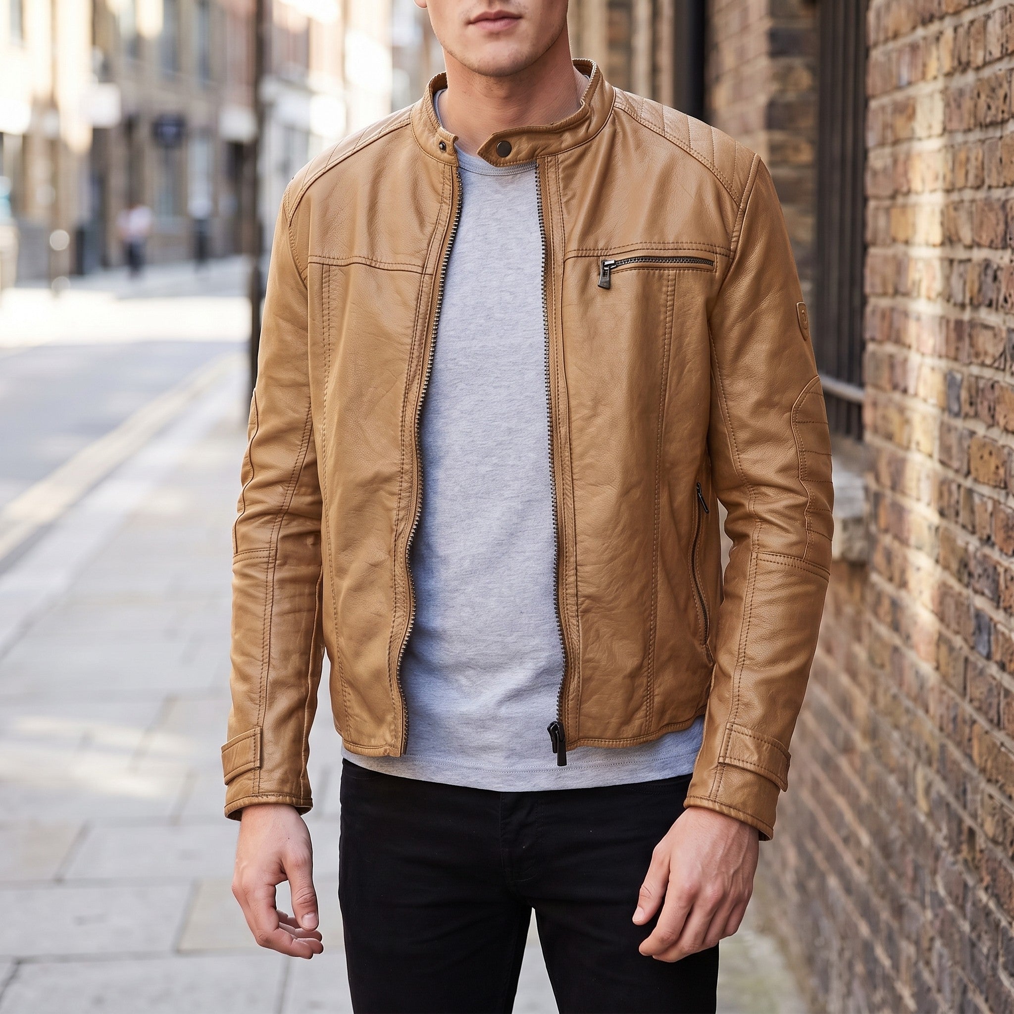 Men's Tan Leather Cafe Racer Jacket — Amwell