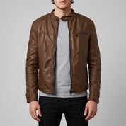 Men's Brown Leather Cafe Racer Jacket — Amwell