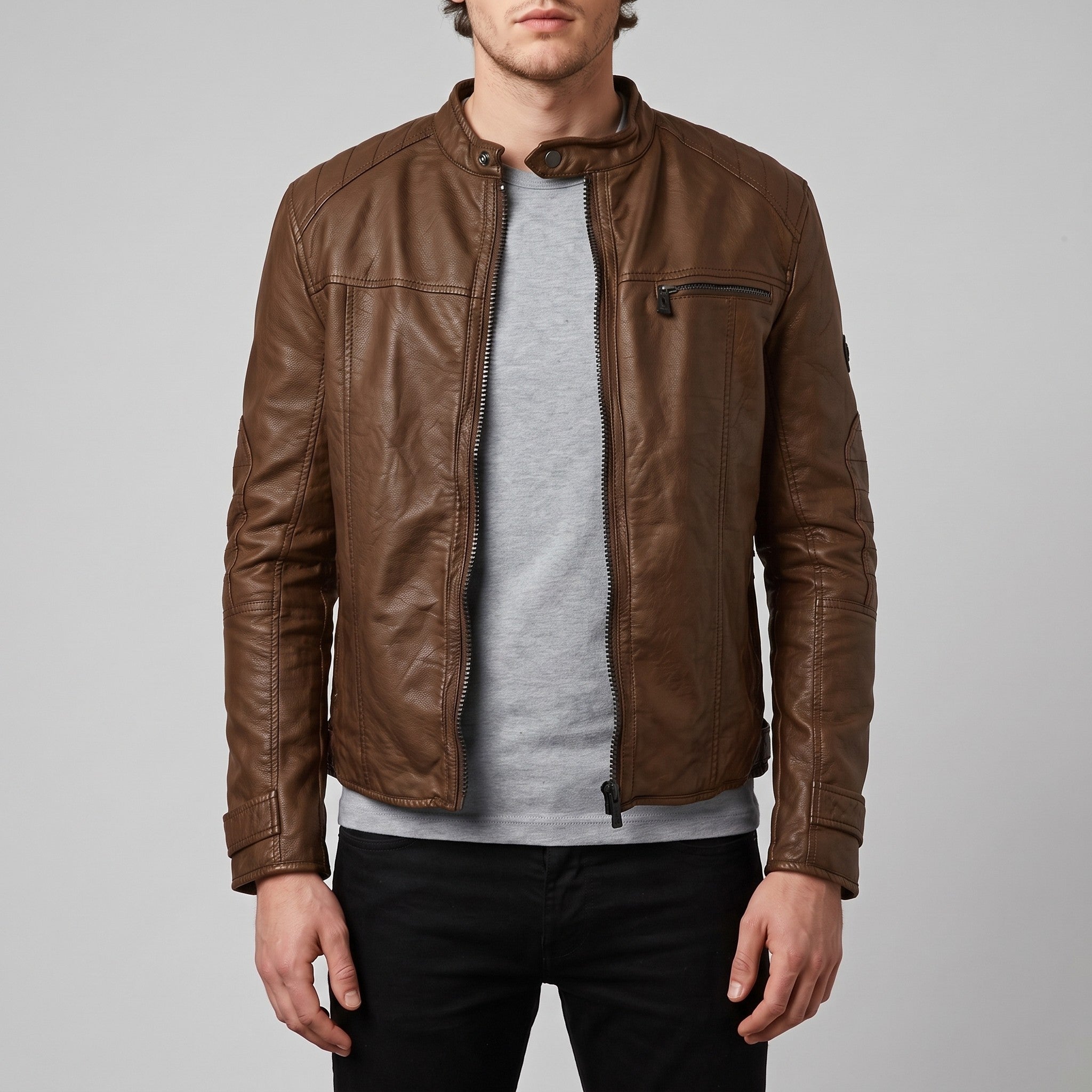 Men's Brown Leather Cafe Racer Jacket — Amwell