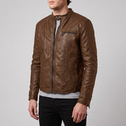 Men's Brown Leather Cafe Racer Jacket — Amwell