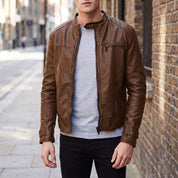 Men's Brown Leather Cafe Racer Jacket — Amwell