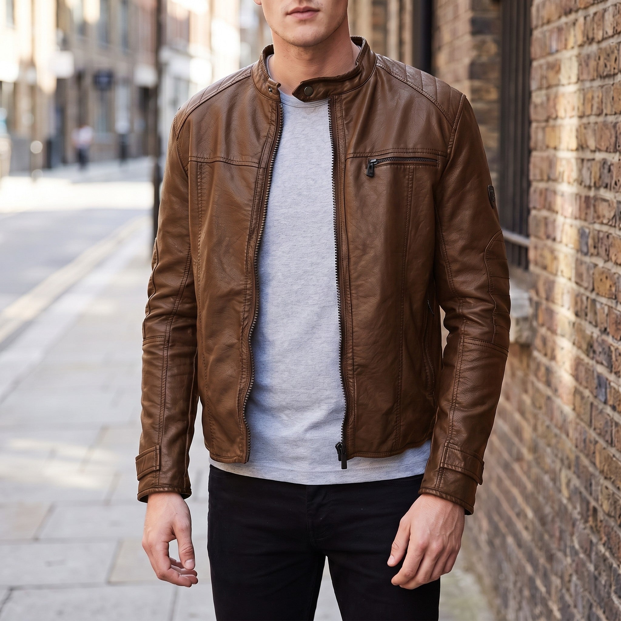 Men's Brown Leather Cafe Racer Jacket — Amwell