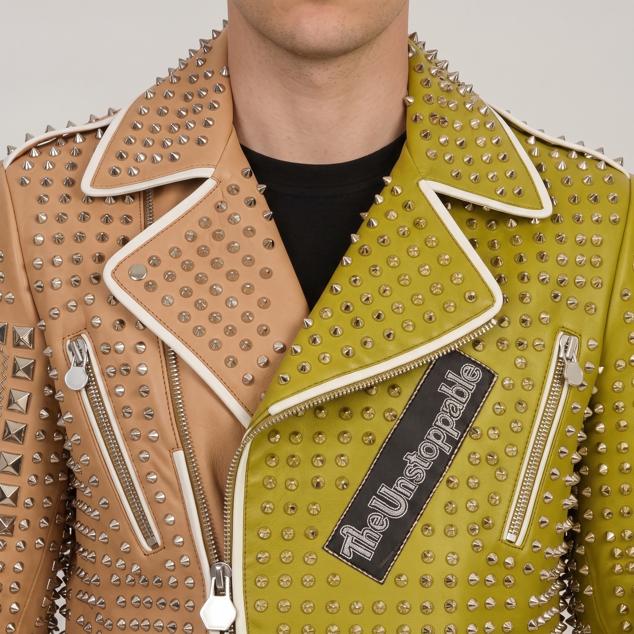 Men's Tan and Lime Green Studded Leather Biker Jacket — Ardmore