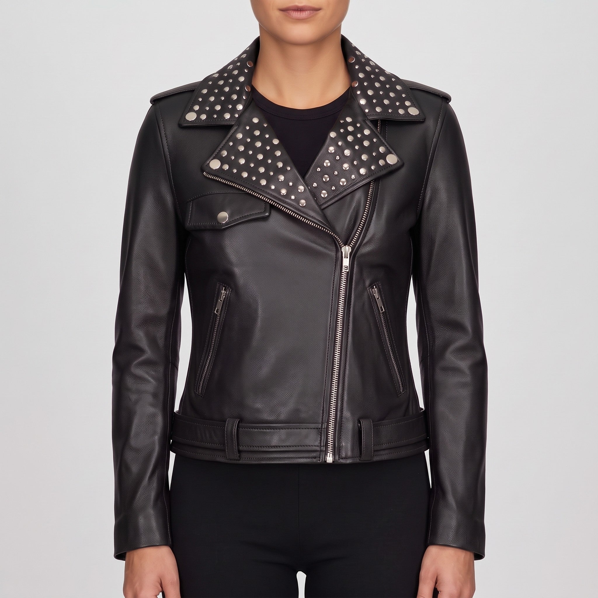 Women's Black Studded Leather Biker Jacket — Greenwood