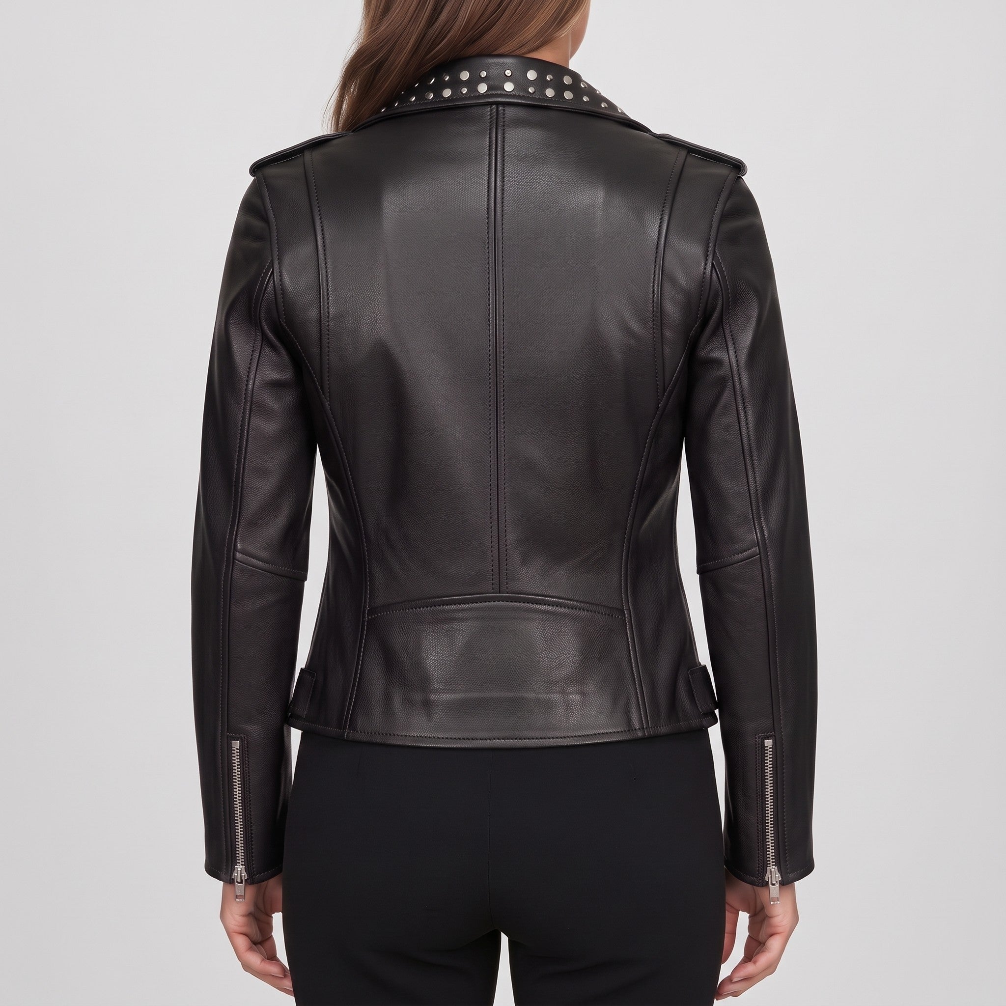Women's Black Studded Leather Biker Jacket — Greenwood