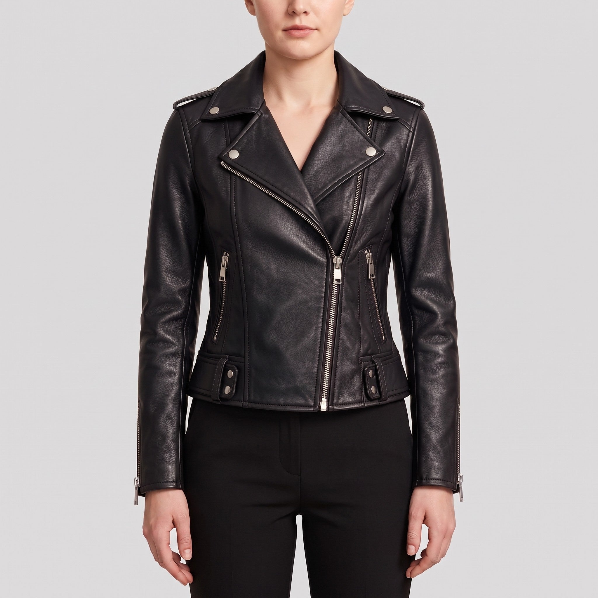 Women's Black Leather Biker Jacket — Channing